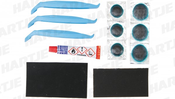CONTEC Flickzeug &quot;Safety Kit&quot;; 6x Flicken, Reparaturplatte, Vulkanisierflüssigkeit, Reifenheber, Sandpapier, SB-verpackt