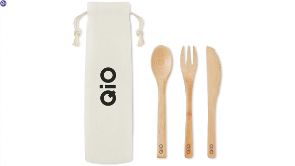 QIO Besteck-Set; 100 % Bambus, im Baumwoll-Beutel, wiederverwendbar